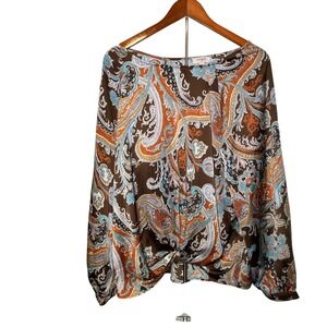 Umgee USA Womens Size Large Brown Bohemian Paisley Print Long Sleeve Tunic Top